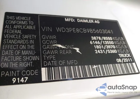 2011 Mercedes-Benz Sprinter 2500 High Roof из США, поврежденный, VIN WD3PE8CB9B5603041